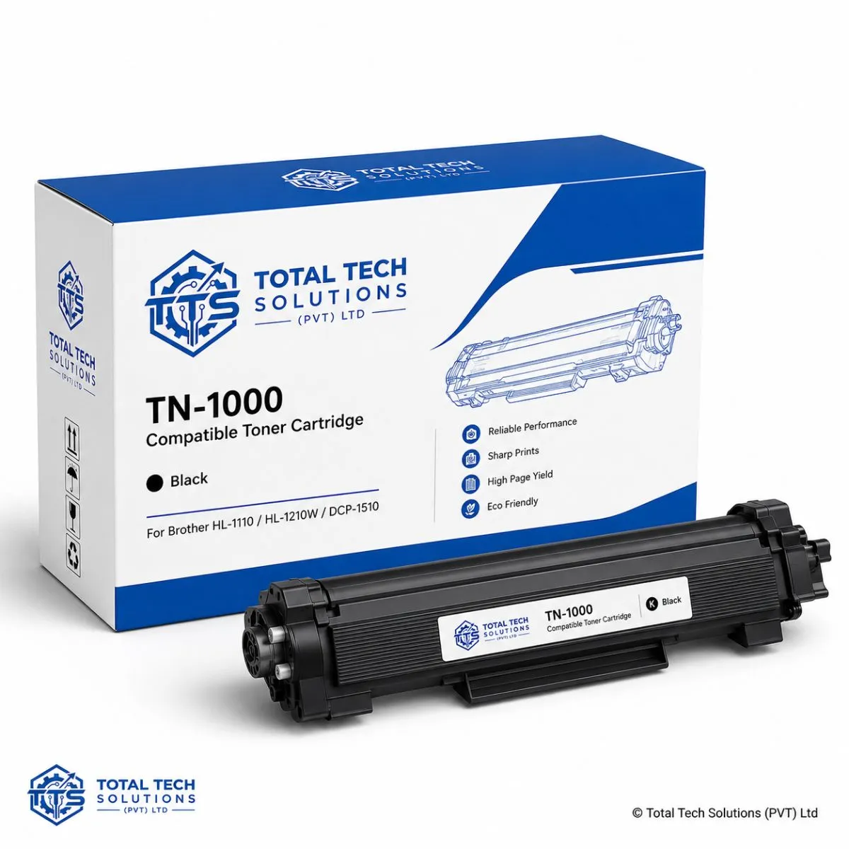 Total Tech Solutions TN-1000 Compatible Black Toner Cartridge for Brother HL-1110 / HL-1210W / DCP-1510 Printers, image 2