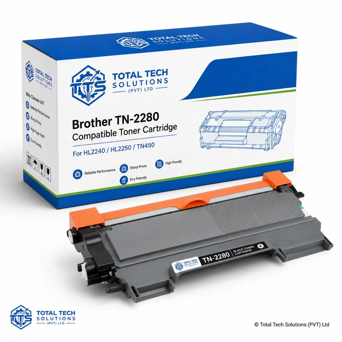 Total Tech Solutions Brother TN-2280 Black Compatible High Yield Toner Cartridge for HL2240/HL2250 - TN450