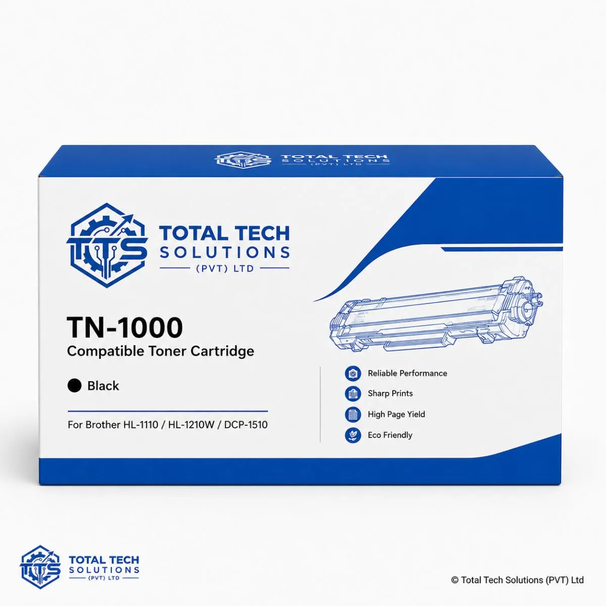 Total Tech Solutions TN-1000 Compatible Black Toner Cartridge for Brother HL-1110 / HL-1210W / DCP-1510 Printers